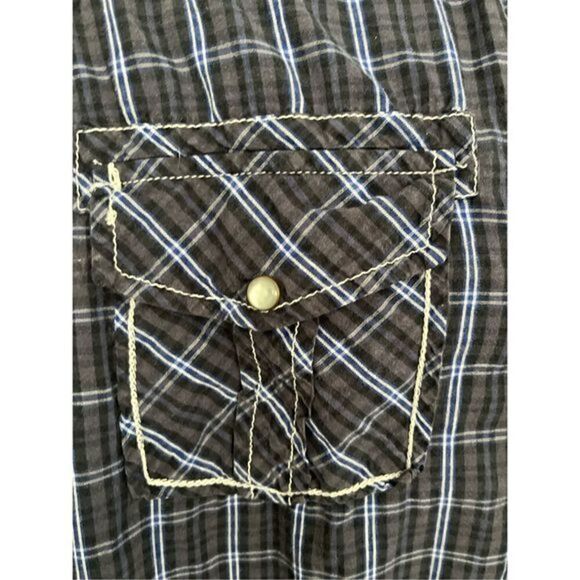 Red Snap Blue and White Plaid Distressed Long Sleeve Snap button Shirt. Size Med - Picture 3 of 9